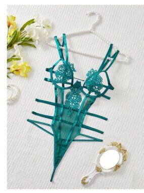 NWT Sexy Teal Lace Mesh Strappy Teddy Bodysuit Lingerie Sheer One Piece - Large